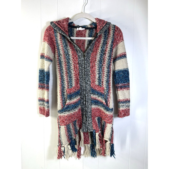 Mimi & Maggie Wool Blend Hooded Zip Cardigan Sweater Girls Medium Fringed Boho - Picture 1 of 12